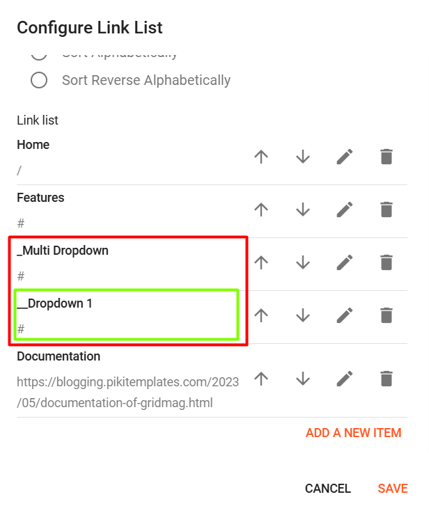 Menu Link List Configuration