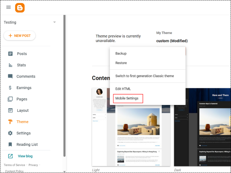 Blogger Mobile Theme Settings