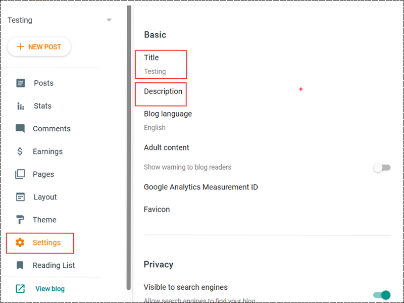 Blogger Title and Description Settings
