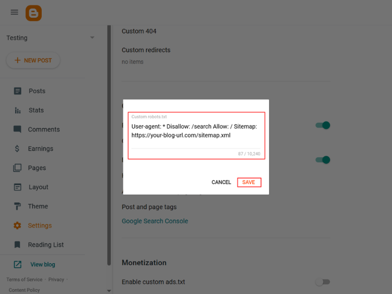 Blogger Custom Robots.txt Settings