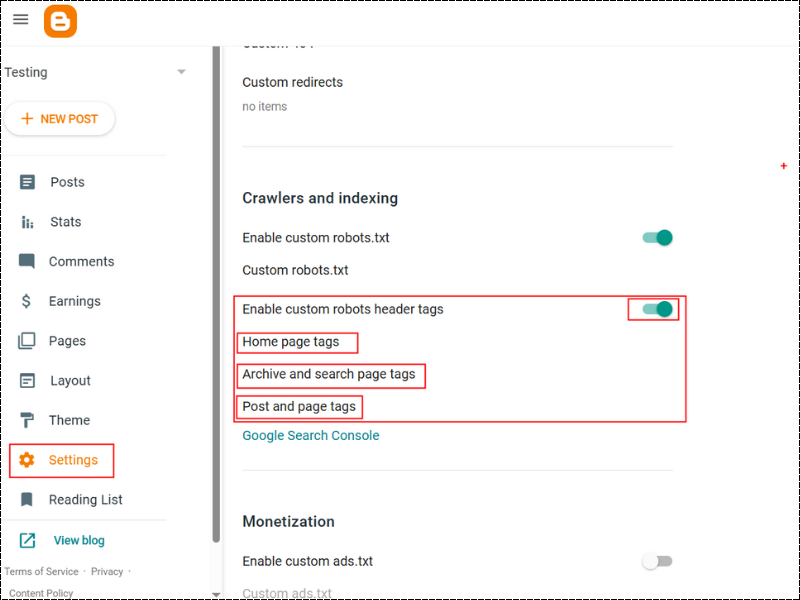 Blogger Custom Robots Header Tags Settings