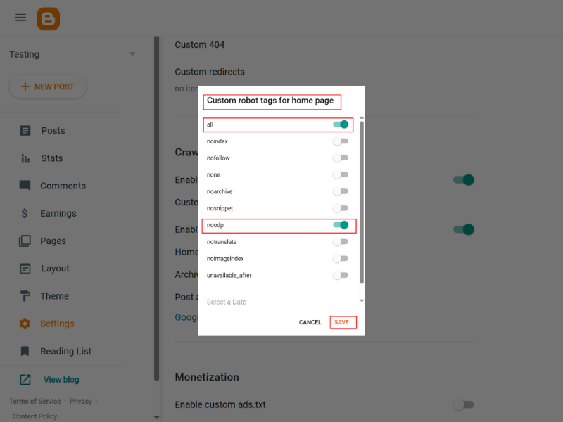 Blogger Custom Robots Header Tags Settings