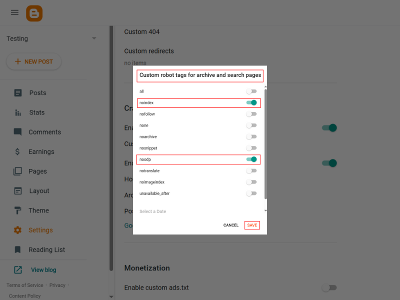 Blogger Custom Robots Header Tags Settings