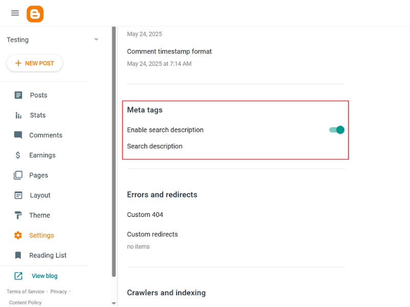 Blogger Search Description Settings