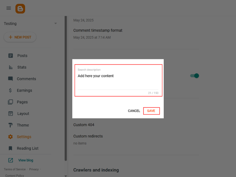 Blogger Search Description Settings